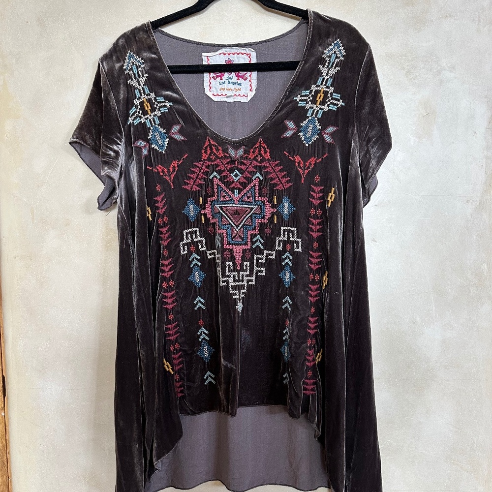 Johnny Was embroidered Velvet Tunic Top Chocolate